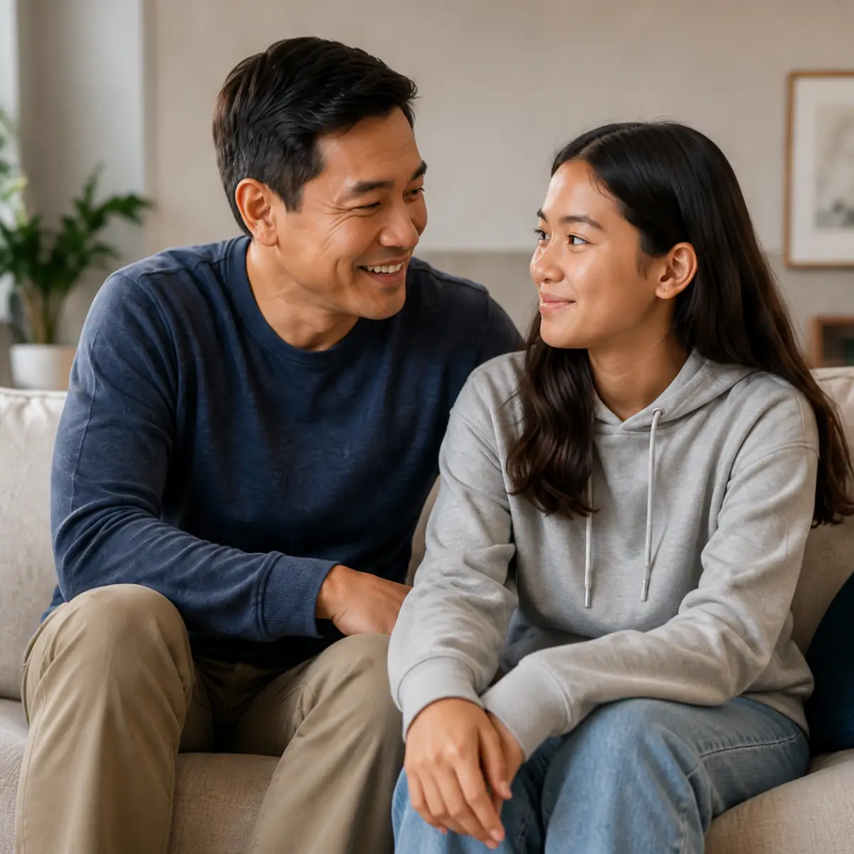 A father and teenage daughter talking together