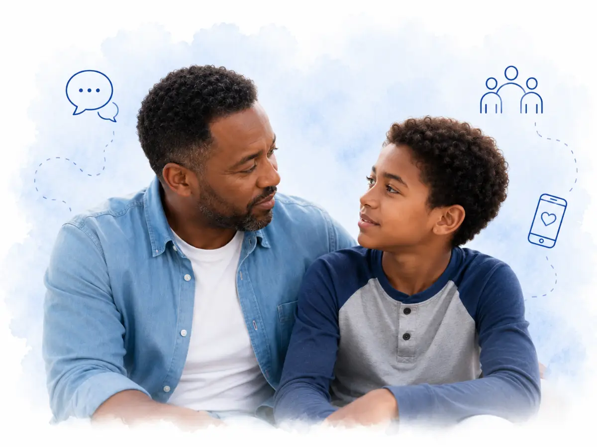 A parent listening closely to a child who needs help