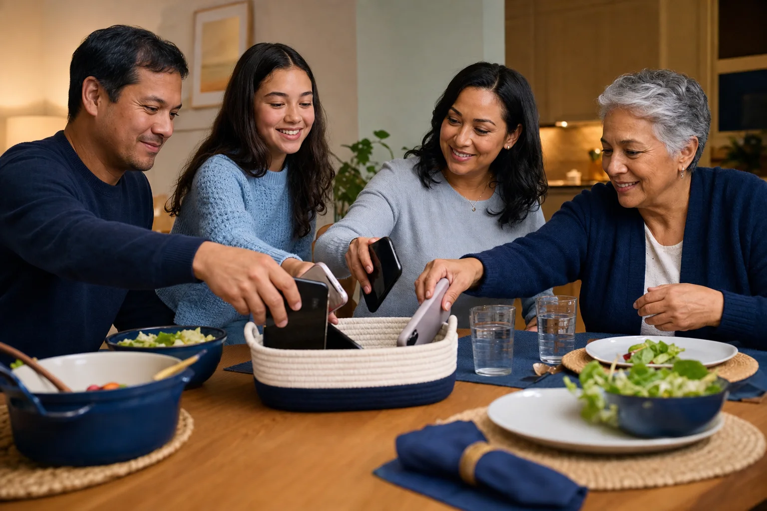 A family placing their phones together before dinner