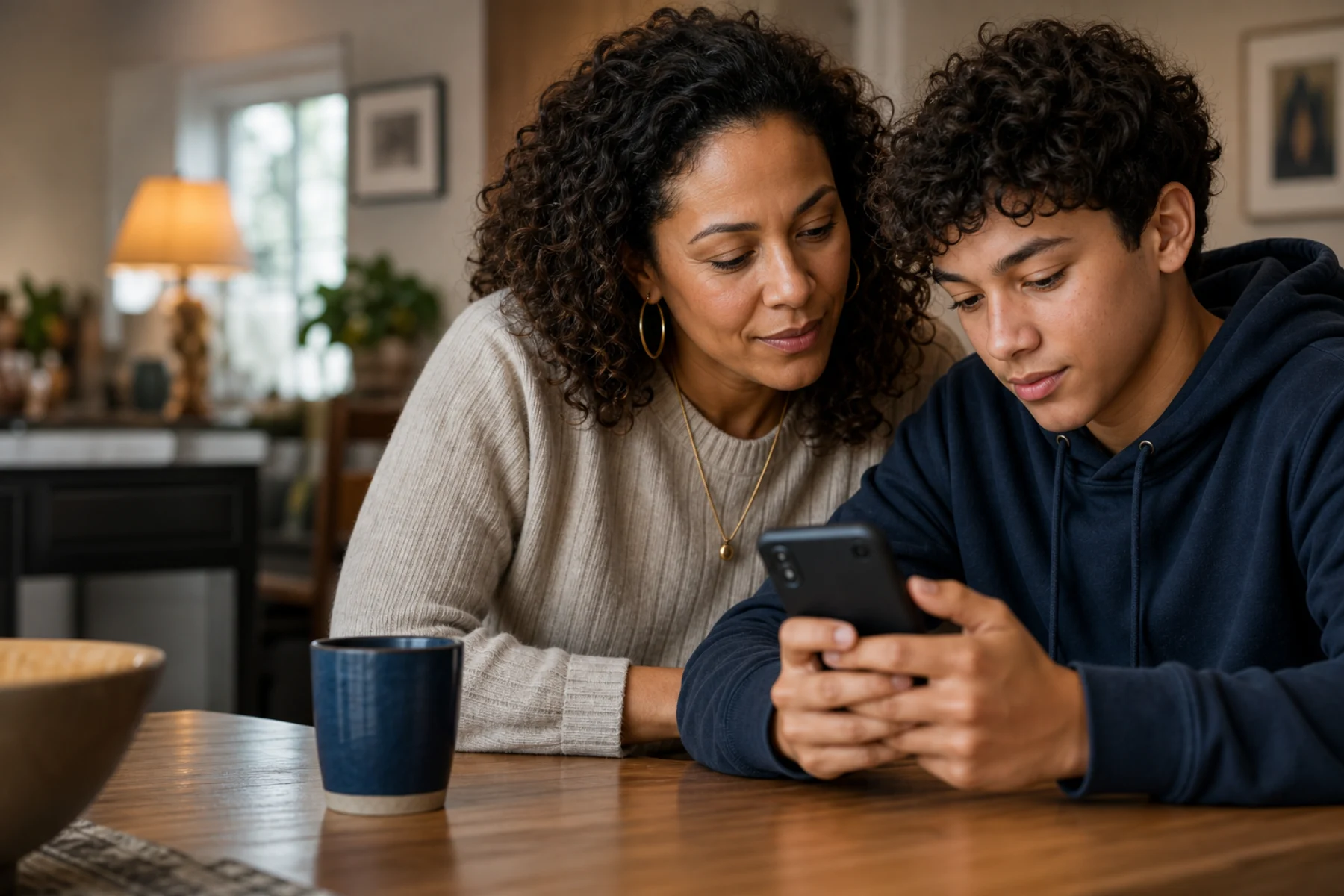 A mother helping her teenage son navigate something on his phone
