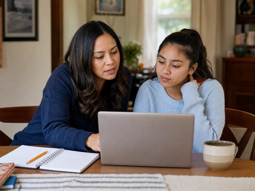 A mother and teenage daughter reviewing information together