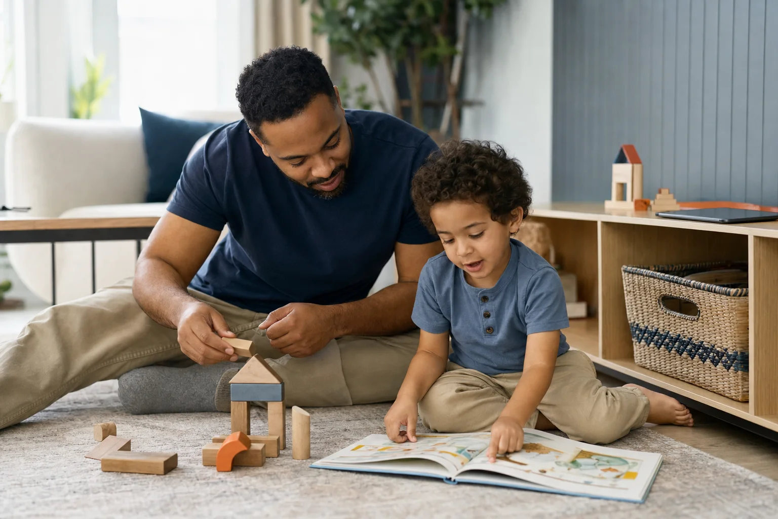 A father and preschool child building with blocks and reading while a tablet rests aside
