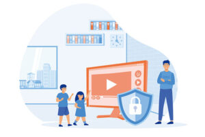 Parental social media controls, illustration showing a father with two young children and a lock to represent controls and safety